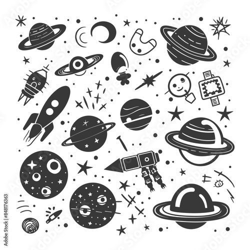 silhouette hand drawn cute outer space tools kawaii doodle collection set