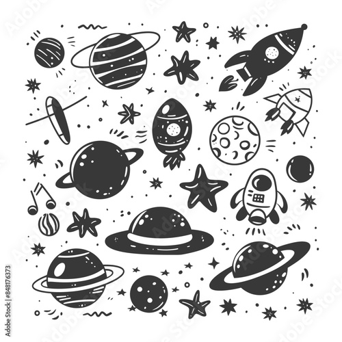 silhouette hand drawn cute outer space tools kawaii doodle collection set