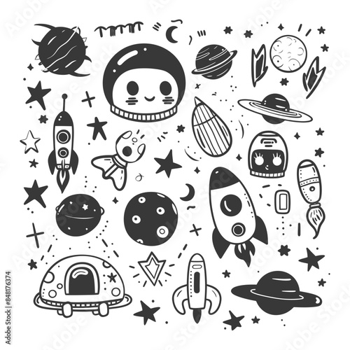 silhouette hand drawn cute outer space tools kawaii doodle collection set