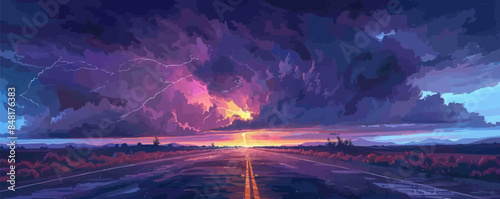 lightning and thunderstorm on the road. vector simple illustration