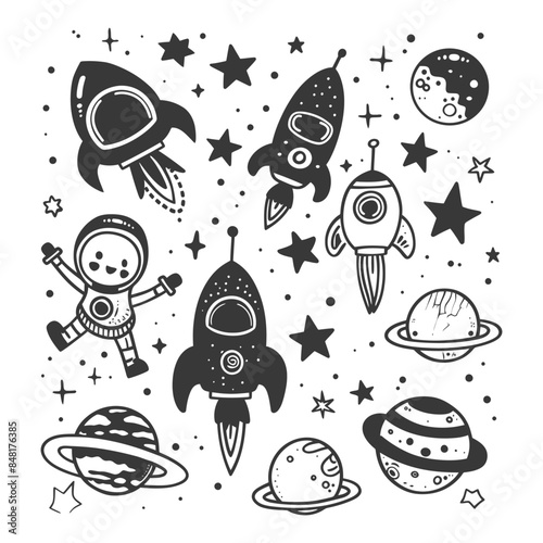 silhouette hand drawn cute outer space tools kawaii doodle collection set