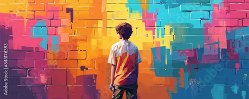 Street artist with aerosol paint. Illustration of a young man creating colorful graffiti on the walls of abandoned buildings. Vector flat minimalistic isolated illustration