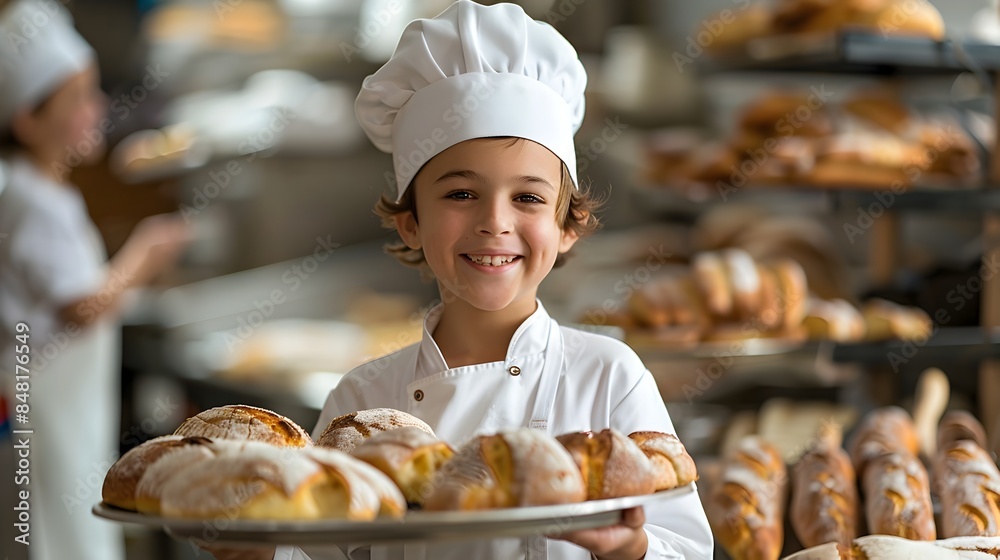Proud Young Chef Holding Tray of Freshly Baked Bread in Commercial Kitchen Proud Young Chef Holding Tray of Freshly Baked Bread in Commercial Kitchen