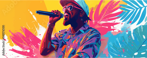 Rapper with a microphone at a party. Image of an artist creating a festive atmosphere with his lively performances. Vector flat minimalistic isolated illustration