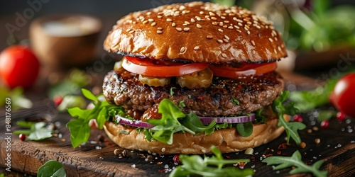 Satisfy Your Taste Buds with a Delicious Homemade Burger Featuring Fresh Farm Vegetables. Concept Food Photography, Burger Recipe, Fresh Ingredients, Vegetarian Meal, Homemade Cooking