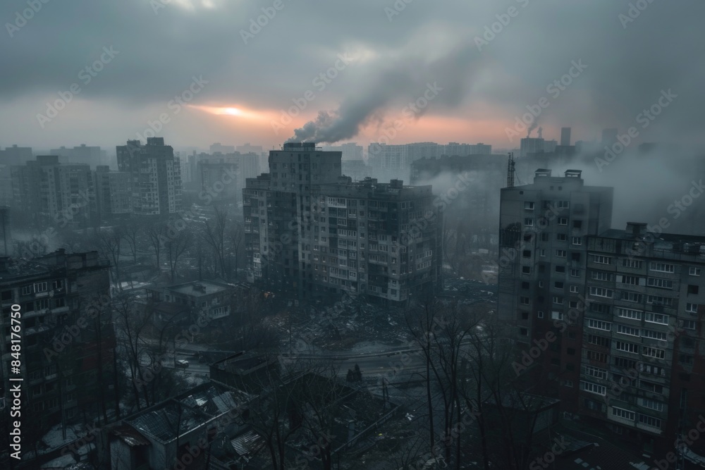 Fototapeta premium Post-Apocalyptic Cityscape with Smoke Over Ruined Buildings