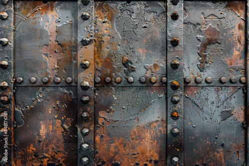 rustic riveted armoring steel texture of old battleship grungy metallic screw plate surface with iron stains industrial ship metal wall background hd 3d rendering © Bijac
