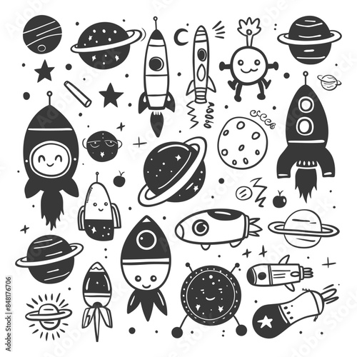 silhouette hand drawn cute outer space tools kawaii doodle collection set