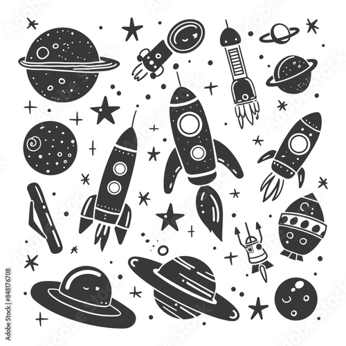silhouette hand drawn cute outer space tools kawaii doodle collection set