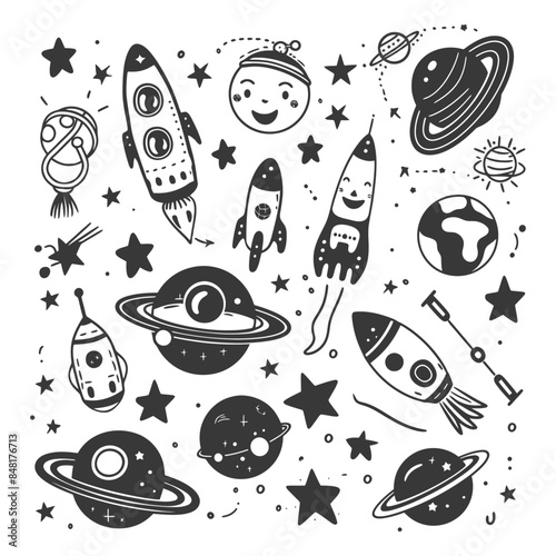 silhouette hand drawn cute outer space tools kawaii doodle collection set