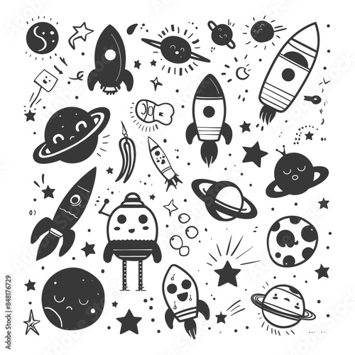 silhouette hand drawn cute outer space tools kawaii doodle collection set