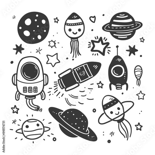 silhouette hand drawn cute outer space tools kawaii doodle collection set