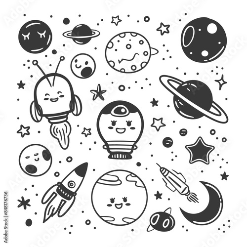 silhouette hand drawn cute outer space tools kawaii doodle collection set