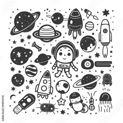 silhouette hand drawn cute outer space tools kawaii doodle collection set