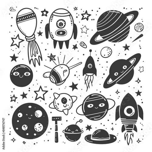 silhouette hand drawn cute outer space tools kawaii doodle collection set