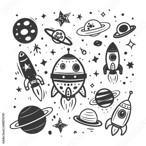 silhouette hand drawn cute outer space tools kawaii doodle collection set