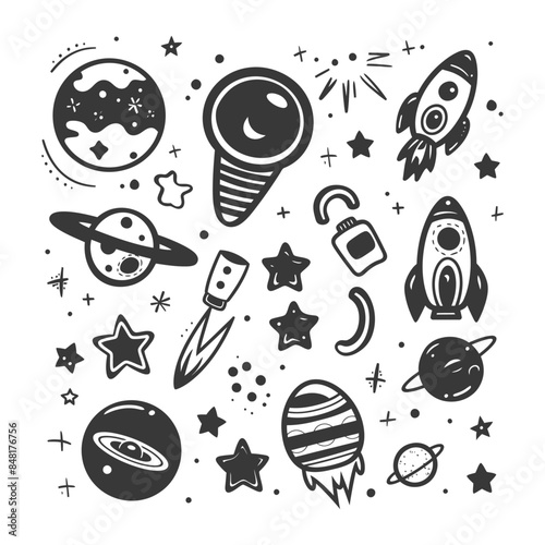 silhouette hand drawn cute outer space tools kawaii doodle collection set