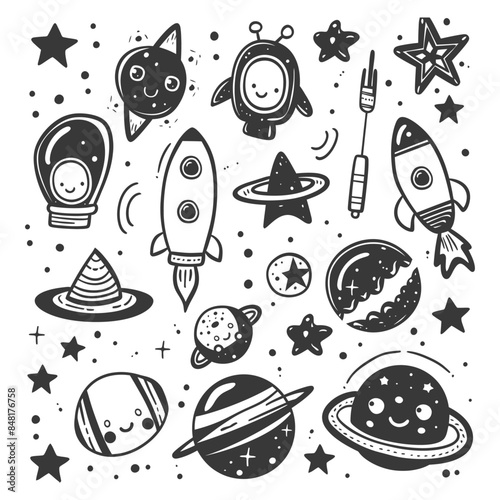 silhouette hand drawn cute outer space tools kawaii doodle collection set