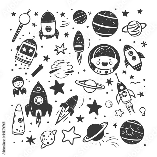 silhouette hand drawn cute outer space tools kawaii doodle collection set