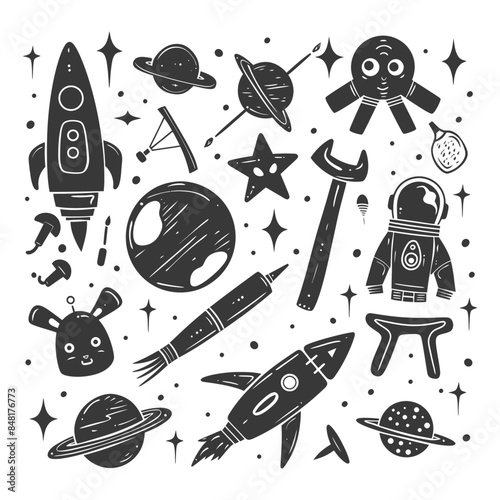 silhouette hand drawn cute outer space tools kawaii doodle collection set