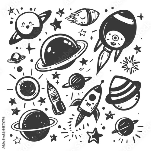 silhouette hand drawn cute outer space tools kawaii doodle collection set