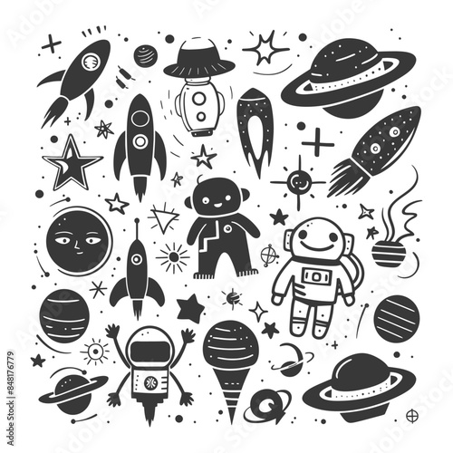 silhouette hand drawn cute outer space tools kawaii doodle collection set
