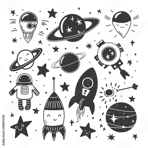 silhouette hand drawn cute outer space tools kawaii doodle collection set