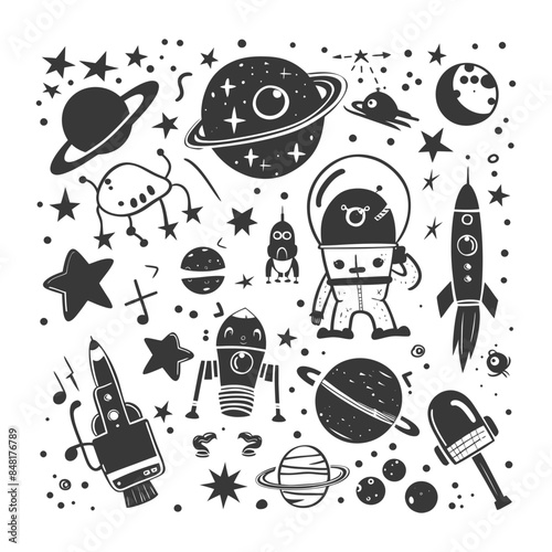silhouette hand drawn cute outer space tools kawaii doodle collection set