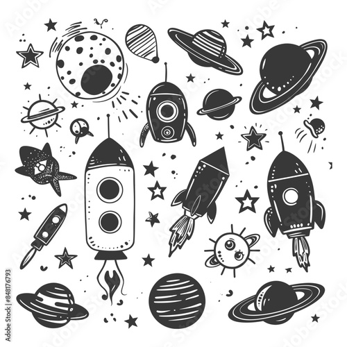 silhouette hand drawn cute outer space tools kawaii doodle collection set
