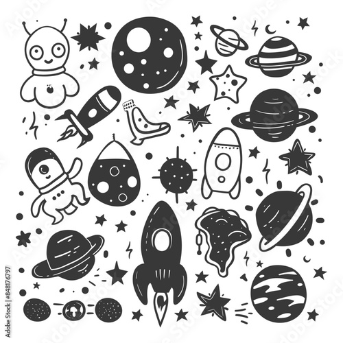 silhouette hand drawn cute outer space tools kawaii doodle collection set