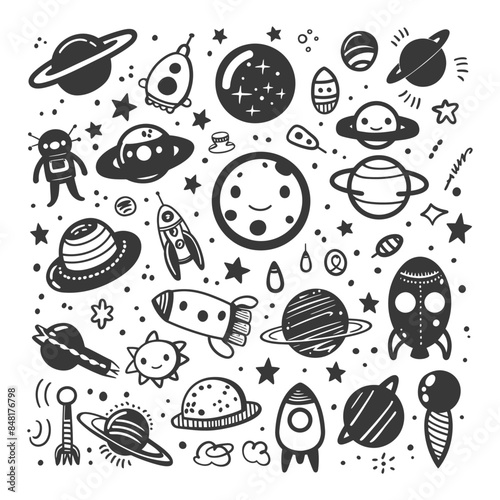 silhouette hand drawn cute outer space tools kawaii doodle collection set