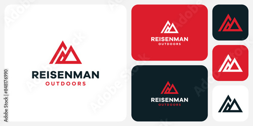 Vector logo design of the initials R and M in a geometric mountain shape in a modern, simple, clean and abstract style.
