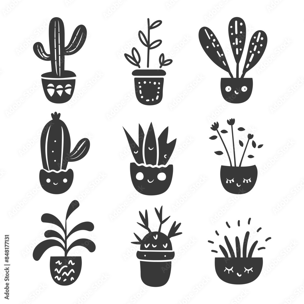Fototapeta premium silhouette hand drawn cute plant kawaii doodle collection set