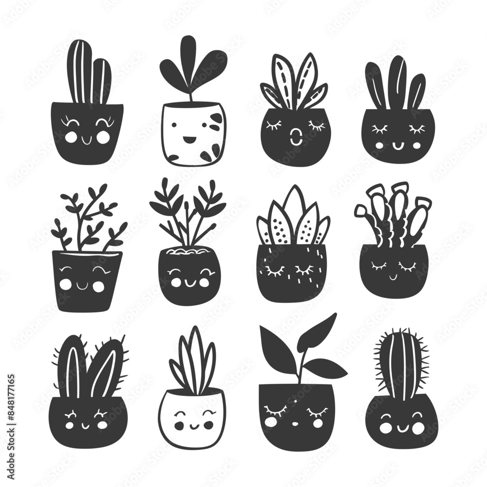 Fototapeta premium silhouette hand drawn cute plant kawaii doodle collection set