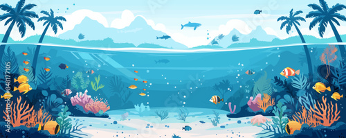 Underwater lagoon with soft white sand, palm trees, and a variety of marine animals. Vector flat minimalistic isolated illustration.