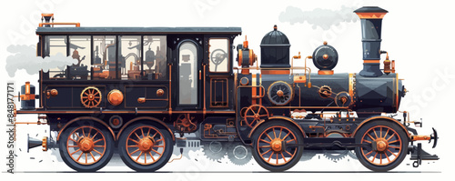Automated steam-powered vehicle with copper wheels, gear wheels, and steam engines. Vector flat minimalistic isolated illustration.