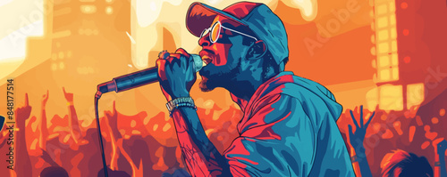 Rapper with a microphone at an urban festival. Image of an artist attracting attention with his talent and charisma. Vector flat minimalistic isolated illustration