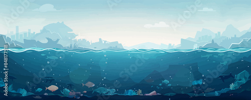 Polluted water bodies with floating debris and mysterious islands shrouded in thick fog. Vector flat minimalistic isolated illustration.