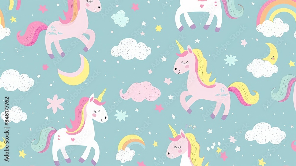 Create a whimsical pattern with unicorns, rainbows, and clouds in pastel colors. Create a whimsical pattern with unicorns, rainbows, and clouds in pastel colors.