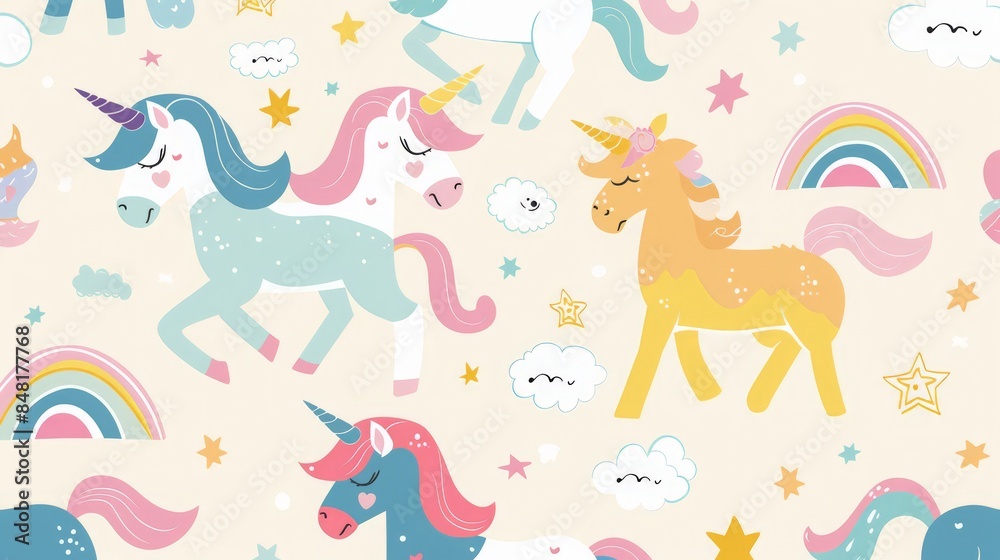 Create a whimsical pattern with unicorns, rainbows, and clouds in pastel colors. Create a whimsical pattern with unicorns, rainbows, and clouds in pastel colors.