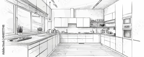Drawing of the interior of a kitchen. Modern kitchen layout plans with furniture layouts. vector simple illustration