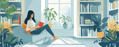 Home education, homeschooling concept. Woman studying in the house, reading books, doing homework. Smart female student on distance learning. Vector flat minimalistic isolated