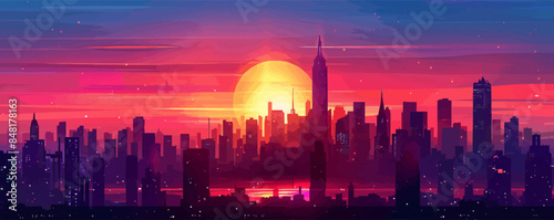 Futuristic city skyline at sunset, with towering skyscrapers silhouetted against a colorful sky. Vector flat minimalistic isolated illustration.