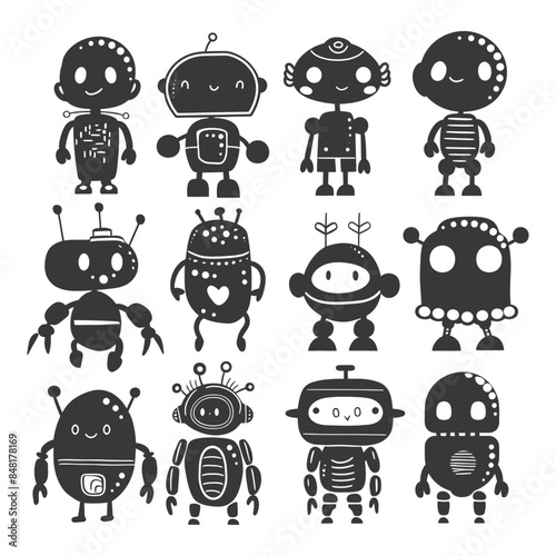 Cute Robot Silhouettes: Cartoon Vector Icons, Alien Robots Set