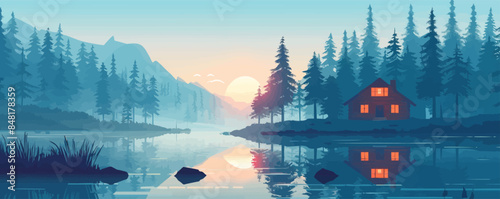 Cozy lakeside cabin nestled among pine trees, with a warm fire burning in the hearth. Vector flat minimalistic isolated illustration.