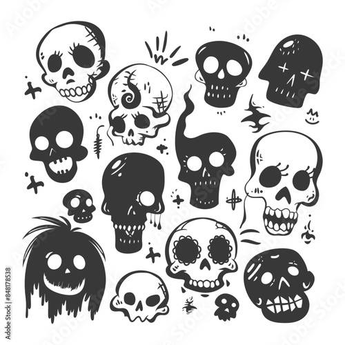 Cartoon Skull Doodle Collection: Black and White Vector Set