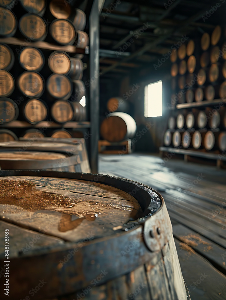 Aging Whiskey Barrels in a Dimly Lit Traditional Distillery Warehouse Aging Whiskey Barrels in a Dimly Lit Traditional Distillery Warehouse
