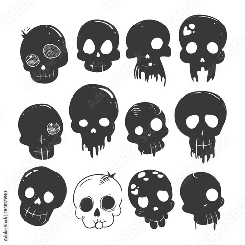 Cartoonish Black Skull Icons - Spooky Kawaii Vector Set