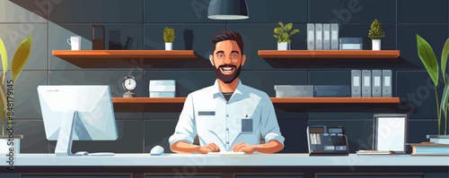 Smiling hotel manager working on computer at reception desk. Vector flat minimalistic isolated illustration