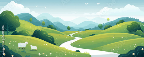 Serene countryside scene with rolling hills, grazing sheep, and a winding country road. Vector flat minimalistic isolated